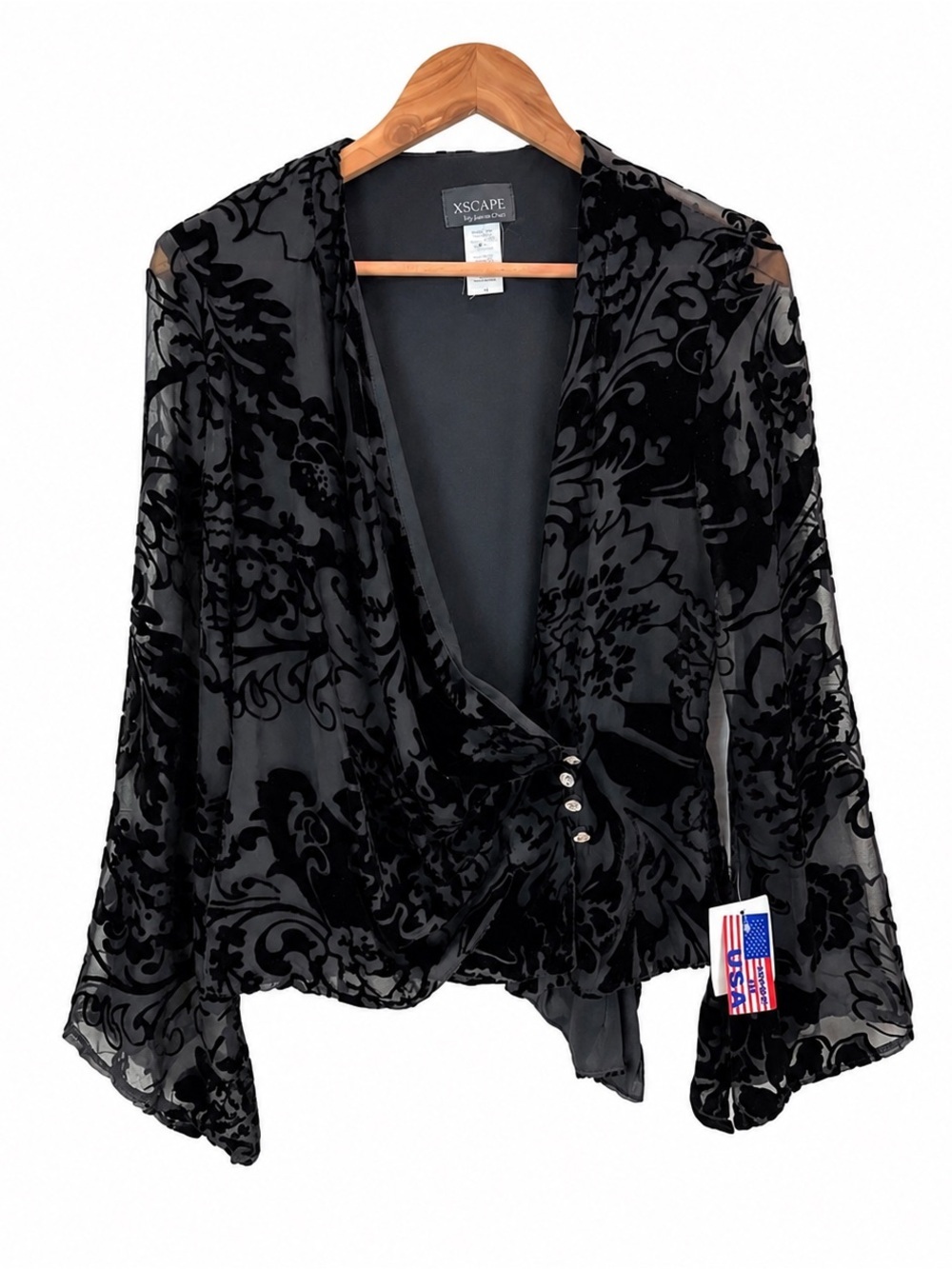 Xscape Whimsigoth Sheer Black Burnout Velvet Bell Sleeve Wrap Top 10 Gothic